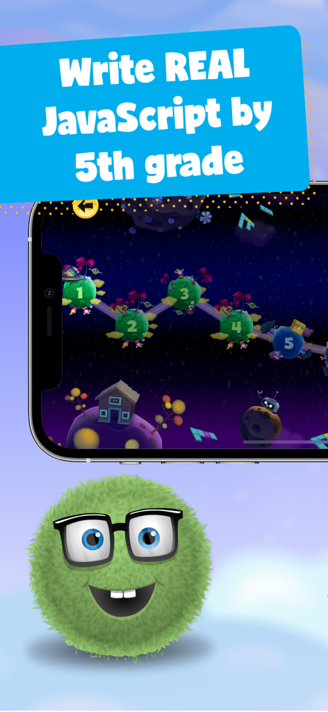 Kodable Basics - Tela do aplicativo Kodable Basics mostrando um mapa de nível de codificação com tema espacial e um personagem Fuzz verde amigável