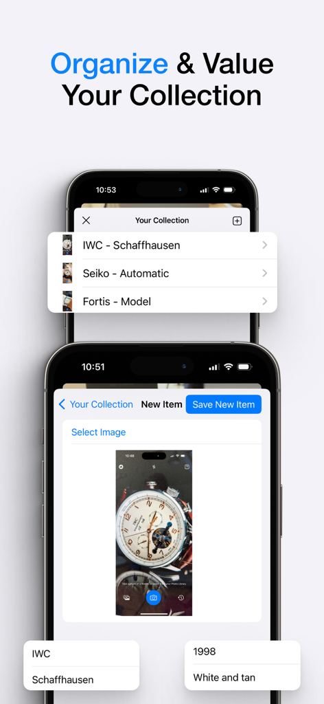 Watch ID - Identify & Value - Mobile app screens showing the organize and value your collection feature with a list of watches and a detailed view of an IWC timepiece