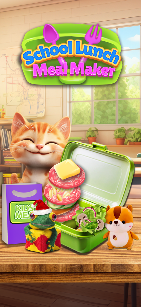 School Lunch Food Meal Maker - Um jogo colorido de lancheira escolar com um gatinho fofo, brinquedos de pelúcia e um sanduíche empilhado.