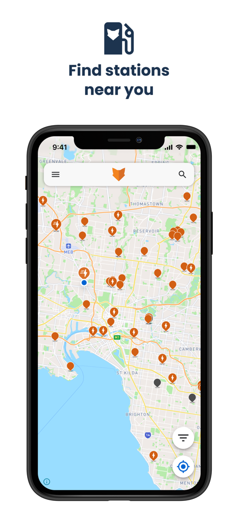 Chargefox: EV Charging Network - La app móvil Chargefox muestra una interfaz de mapa con varias ubicaciones de estaciones de recarga de vehículos eléctricos.