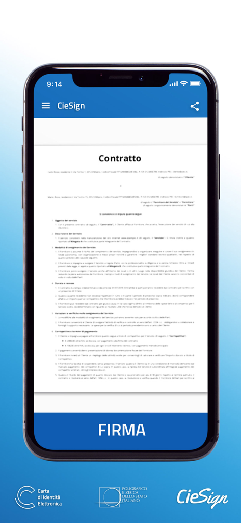 CieSign - Schermata di iPhone che mostra un contratto italiano nell'app CieSign con un grande pulsante FIRMA per la firma elettronica.