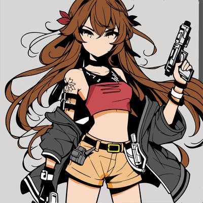 bad girl wearing crop top holding a gun long hair anime