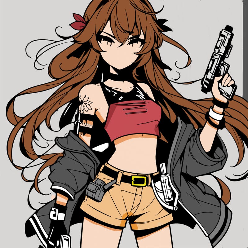 bad girl wearing crop top holding a gun long hair anime