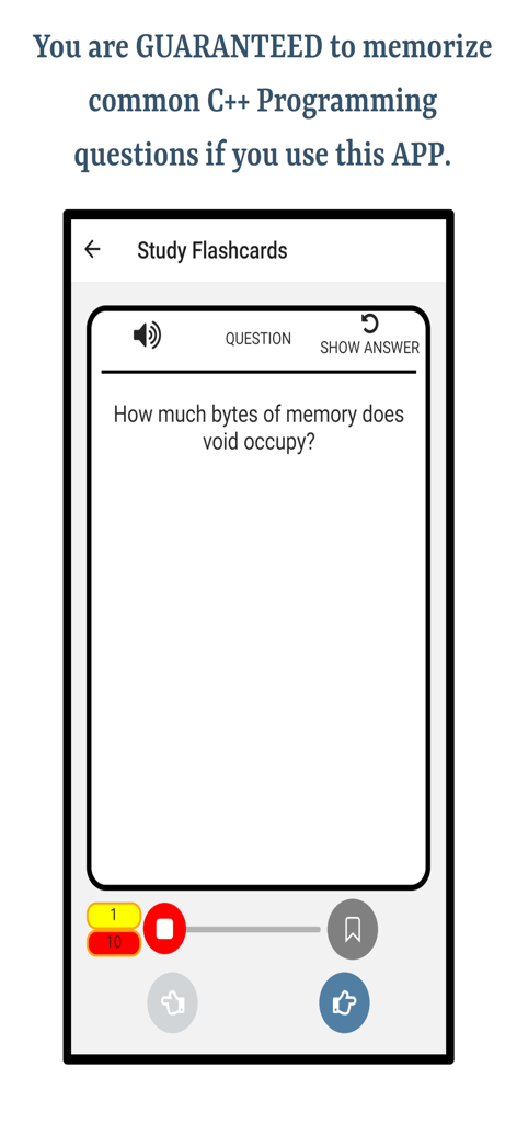 Interface of the Learn C++ app showing a study flashcard with a programming question