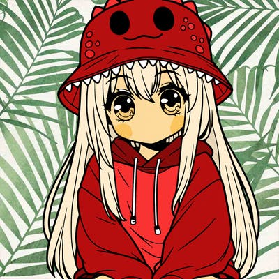 girl with anime shaped eyes with a dinosaur bucket hat oversized sweatshirt long straight hair