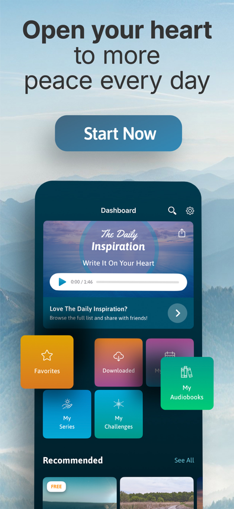 Dashboard of The Tapping Solution app featuring daily inspiration and meditation categories