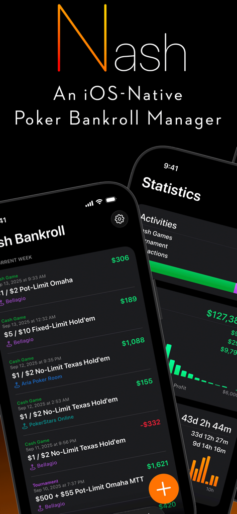 Nash Bankroll - Nash Bankrollアプリのインターフェース。ポーカーセッションログと統計チャートがiPhoneに表示されています