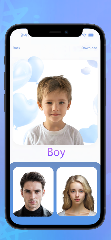 Interfaz de aplicación móvil mostrando la cara de un niño generado creada a partir de fotos de dos padres