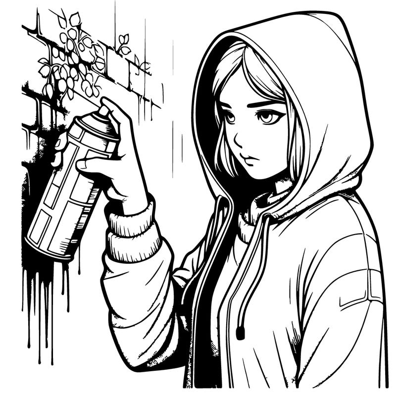 realistic girl wearing a hoodie spray painting a wall