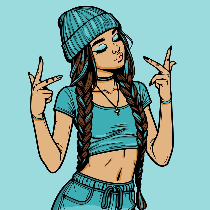 realistic teenage girl with braids and a beanie and crop top doing 🫶🏼