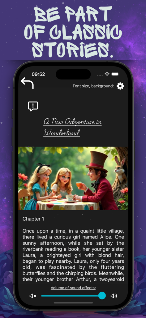 Bedtime AI Story Creator. - Smartphone screen showing the RocketTales app interface with a classic story chapter and interactive audio controls
