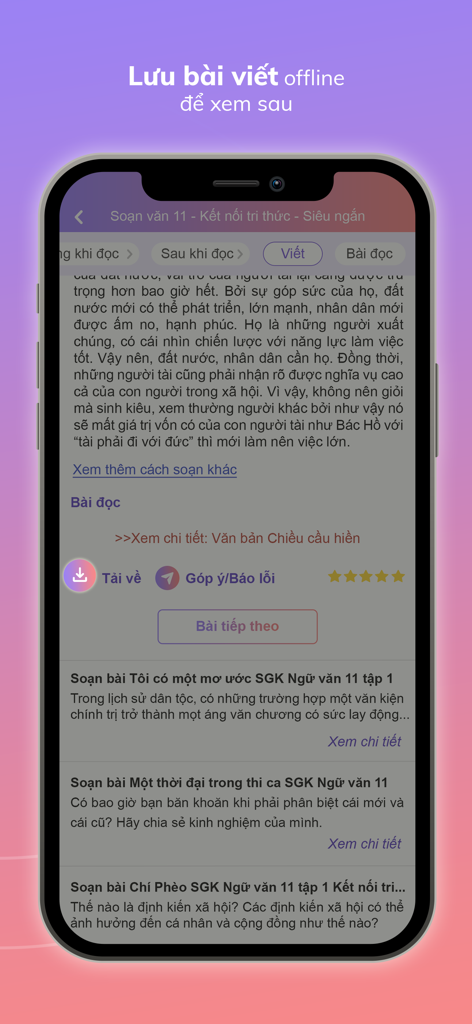 Lời Giải Hay - Loigiaihay.com - Interfaz de la aplicación Loigiaihay mostrando la opción de guardar artículos educativos vietnamitas para leer sin conexión