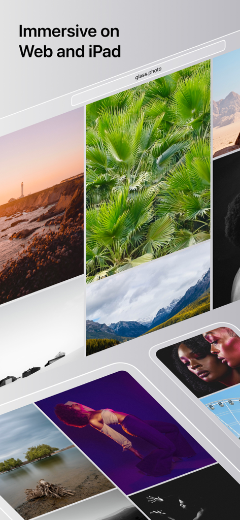 The Glass photography app displaying a collage of high quality professional photos on web and iPad
