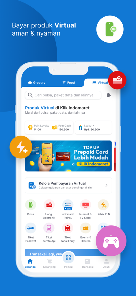 Screenshot of the Klik Indomaret mobile app displaying virtual product options like bill payments phone credit and travel tickets