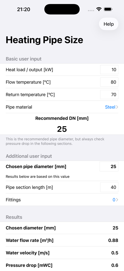 Heating Pipe Size - Mobile interface of the Heating Pipe Size app showing hydraulic calculations for heat load and pipe diameter recommendations