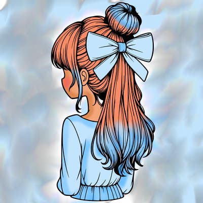 realistic girl  with hip length hair a bun and a big bow on the back of head