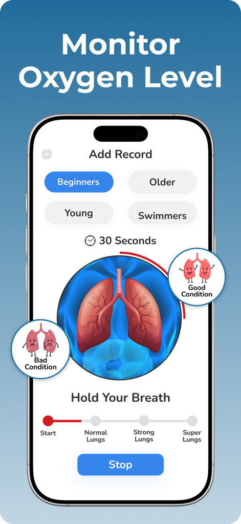 Blood Pressure Tracker Bp log - Interfaccia di monitoraggio della salute polmonare e del livello di ossigeno all'interno dell'app mobile.