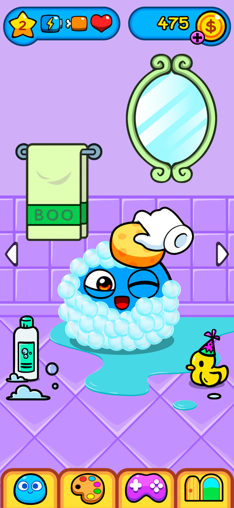My Boo: Virtual pet Take care - A blue virtual pet named Boo covered in bubbles being washed with a sponge in a bathroom.
