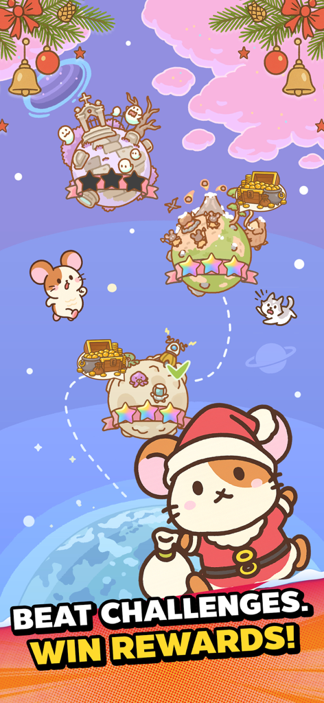 Hamster Jump: Cake Tower! - Um hamster fofo com fantasia de Papai Noel em um mapa de nível festivo com o texto Supere Desafios Ganhe Recompensas