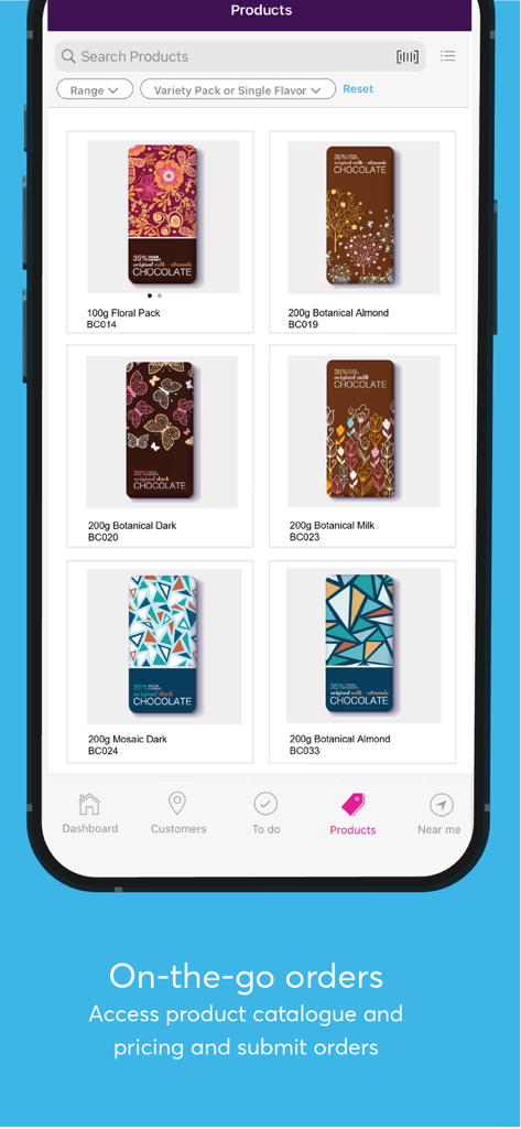 Skynamo - Pantalla de la aplicación Skynamo que muestra un catálogo de productos móvil para pedidos de ventas de campo