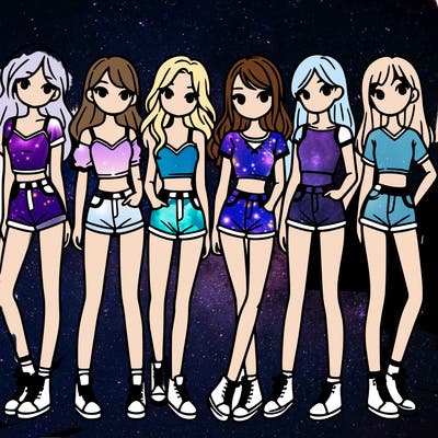 a group of girls wearing crop tops and shorts