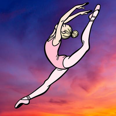 gymnast doing a leap in a leotard with a bent back leg