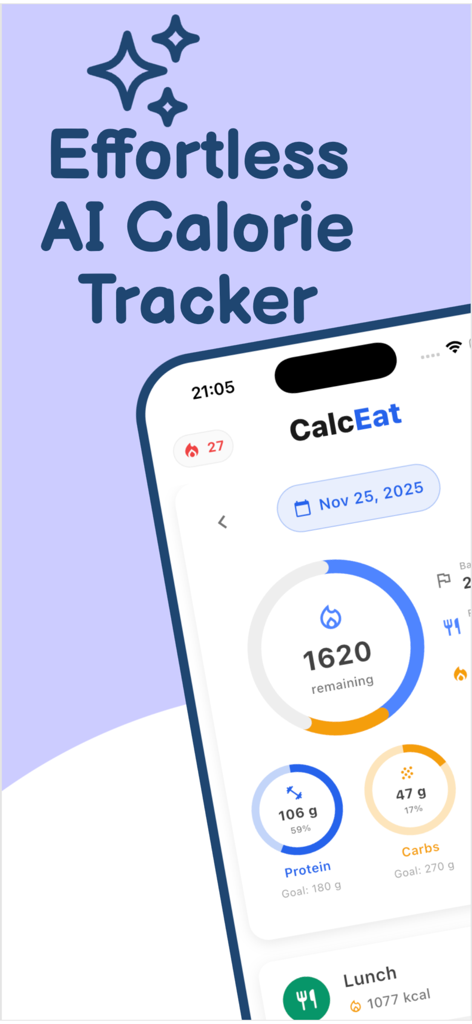 CalcEat - AI Calorie Tracker - Panel de control del rastreador de calorías con IA de CalcEat que muestra las calorías restantes y los objetivos diarios de macronutrientes para proteínas y carbohidratos