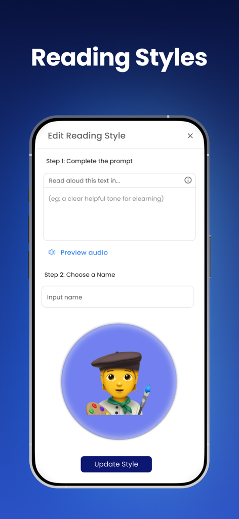 NaturalReader - Text To Speech - Interfaccia dell'app NaturalReader che mostra come personalizzare gli stili di lettura AI e i toni della voce utilizzando prompt di testo