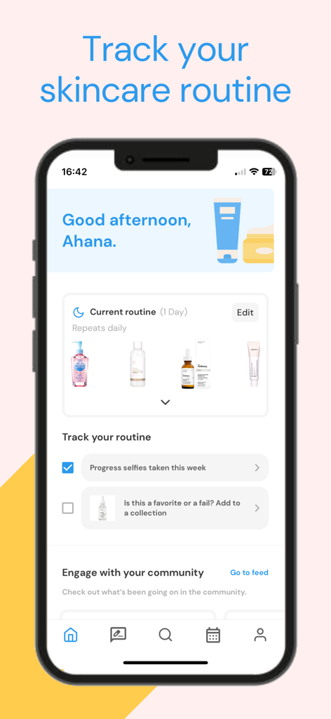 Une interface d'application mobile pour suivre les routines quotidiennes de soins de la peau, y compris les listes de produits et les selfies de progrès