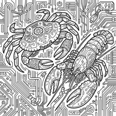 Embark on an electrifying coloring journey with this unique Cyberpunk Crabs & Lobsters design. This intricate template features robotic crustaceans amidst a detailed circuit board backdrop, perfect for sci-fi art enthusiasts.