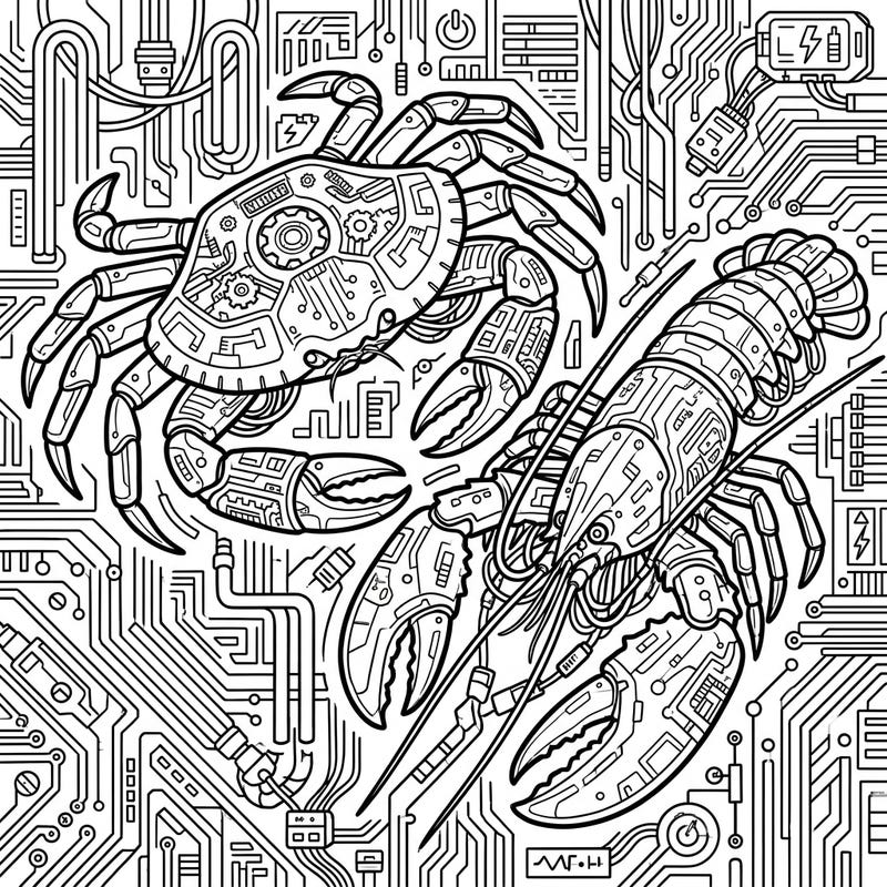 Embark on an electrifying coloring journey with this unique Cyberpunk Crabs & Lobsters design. This intricate template features robotic crustaceans amidst a detailed circuit board backdrop, perfect for sci-fi art enthusiasts.