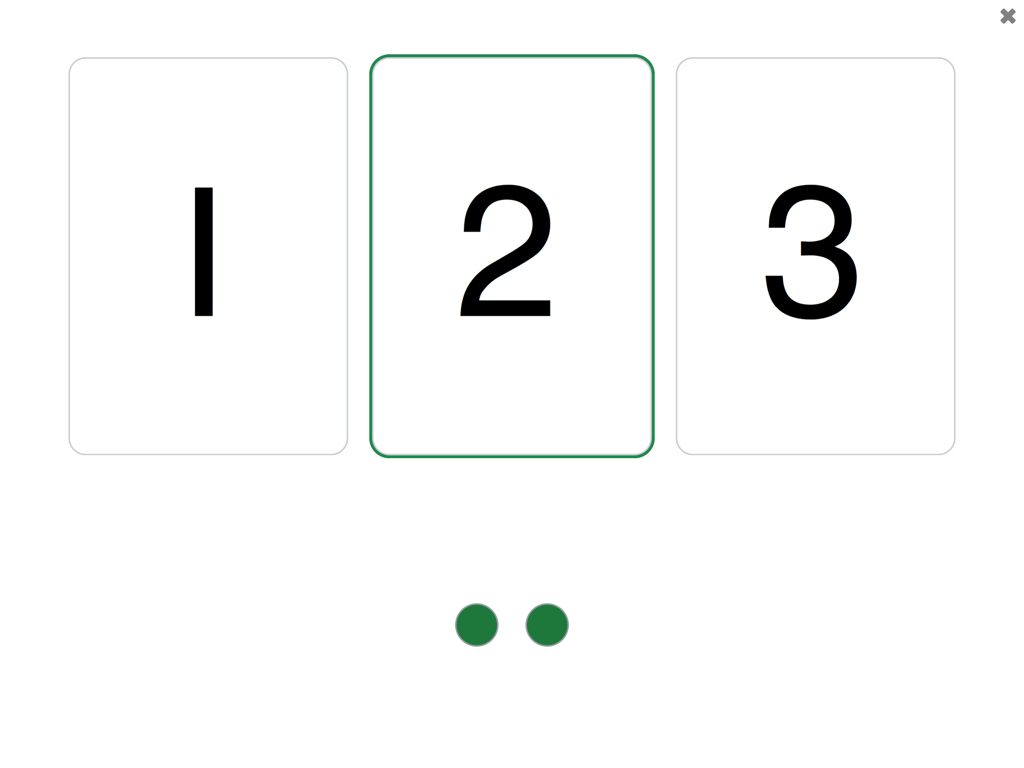 See and Learn First Counting - 数字1、2、3のカードと、対応する緑のドットが表示されたシンプルな教育画面。