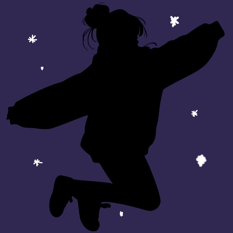 realistic girl jumping with a bun and oversized sweatshirt