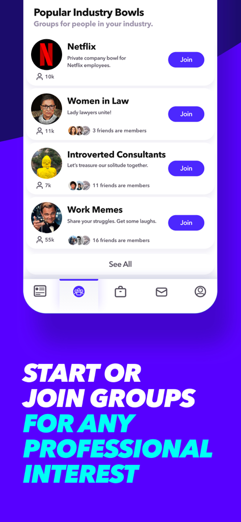 Fishbowl: Professional Network - Fishbowl app interface showing popular professional groups and company bowls