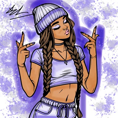 realistic teenage girl with braids and a beanie and crop top doing 🫶🏼