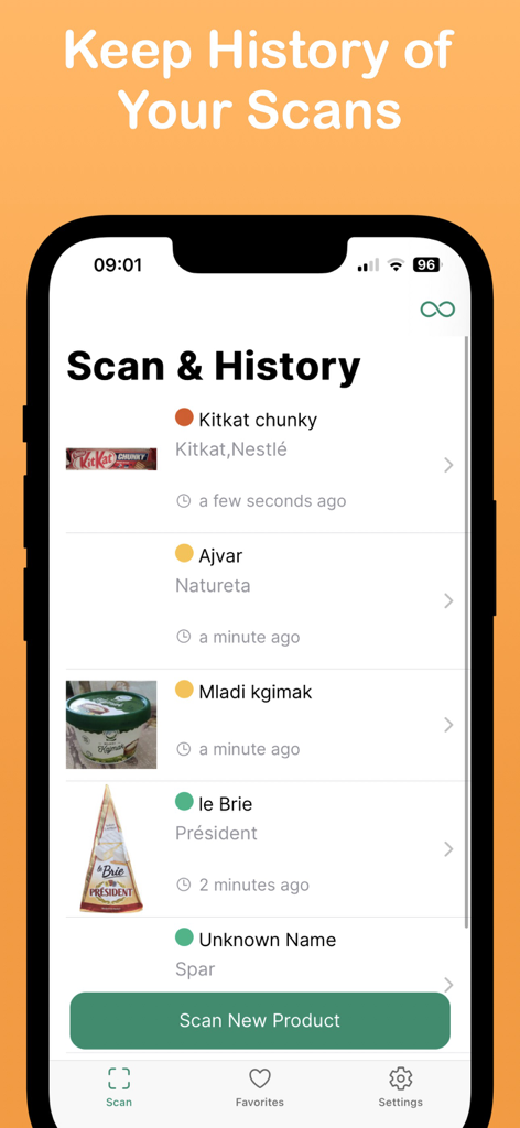 Food Allergy Scanner - Bokha - The Bokha app interface displaying a history of scanned food products with red yellow and green allergy safety indicators