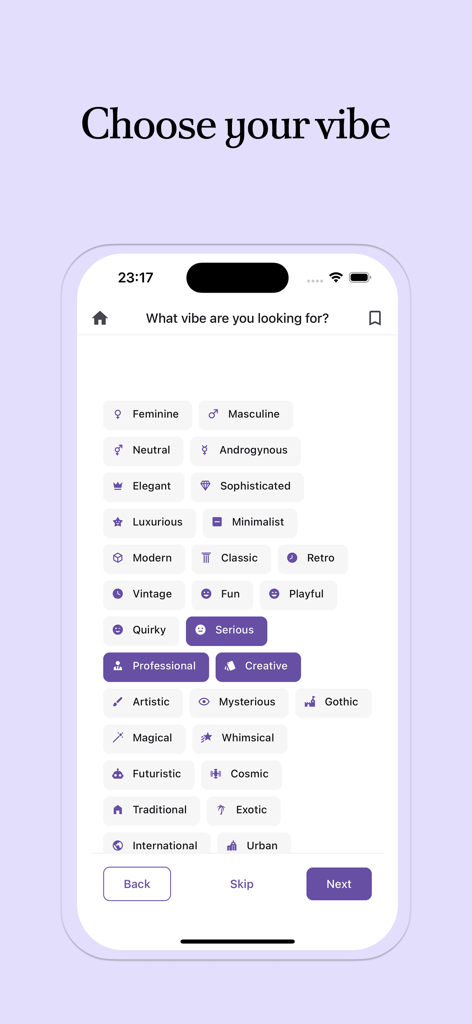Name Generator: For Anything - Interfaz de usuario que muestra diferentes filtros de estilo para elegir un ambiente para el generador de nombres de IA