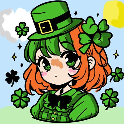 a manga-style girl with clovers around her, a little hat in her hair, like it's saint patrick's day
