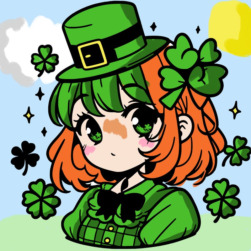 a manga-style girl with clovers around her, a little hat in her hair, like it's saint patrick's day