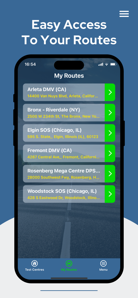 Captura de tela do aplicativo Rotas de Teste de Condução mostrando uma lista de rotas de teste práticas salvas do DMV para cidades como Arleta, Bronx e Chicago