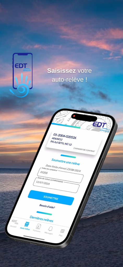 Electricité de Tahiti (EDT) - Mobile app interface for Electricite de Tahiti showing the self-meter reading screen with a tropical sunset background