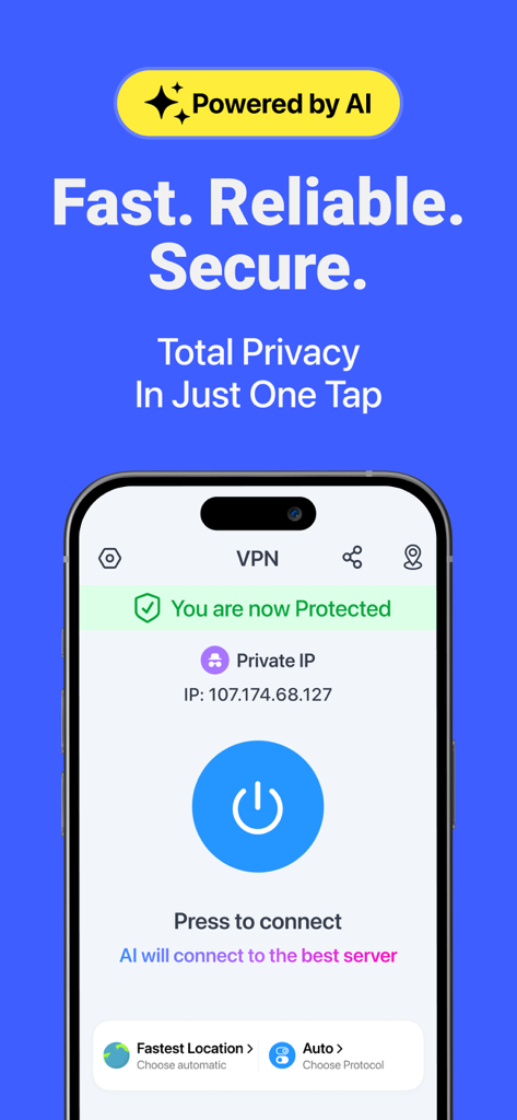 iPhone screen showing the VPN app interface with a large connection button and AI-powered server selection