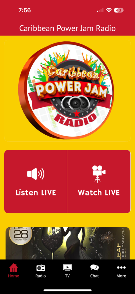 Caribbean Power Jam Radio - Caribbean Power Jam Radio app interface featuring Listen LIVE and Watch LIVE buttons on a yellow background.