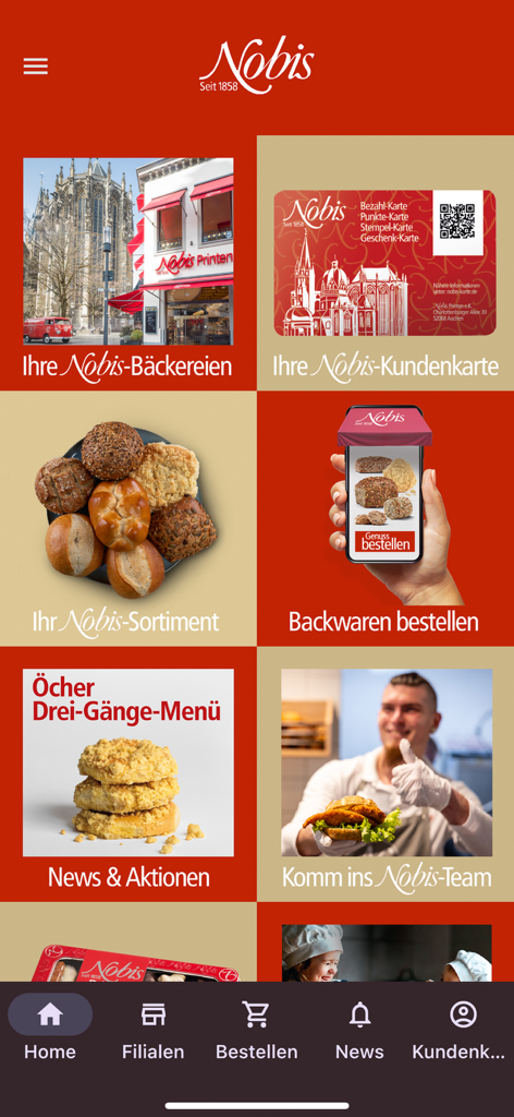 Nobis Printen - Home screen of the Nobis Printen mobile app for artisanal German baked goods