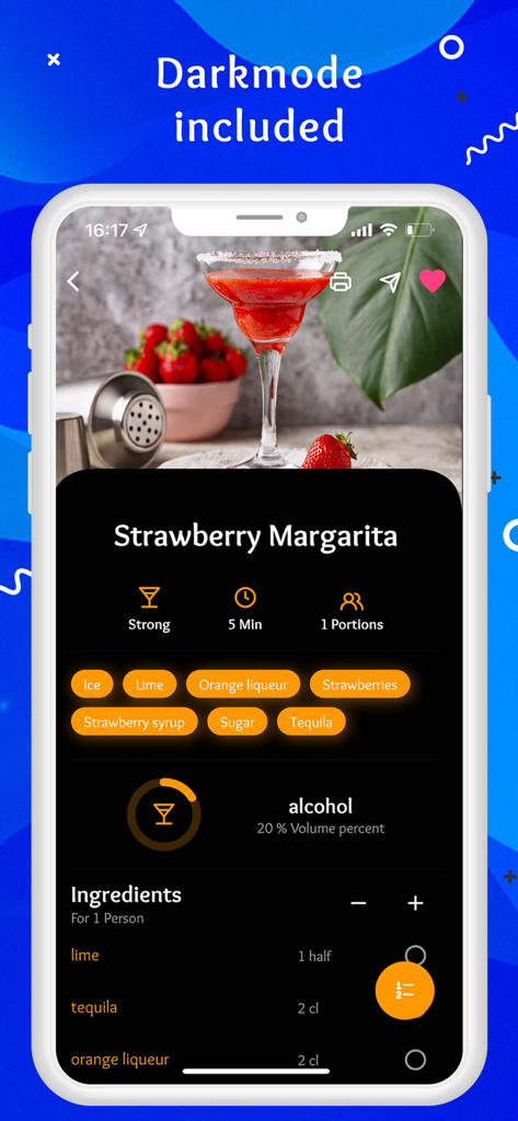 Alkipedia - Cocktail Recipes - Alkipedia app screenshot showing a Strawberry Margarita recipe page in dark mode
