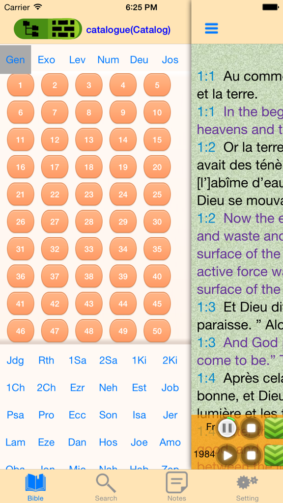 Parallel French and English Bible text with chapter selection grid