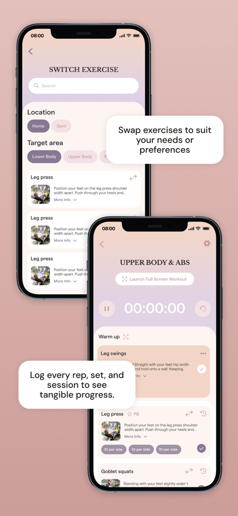Beyond App interface showing exercise swapping and workout tracking features