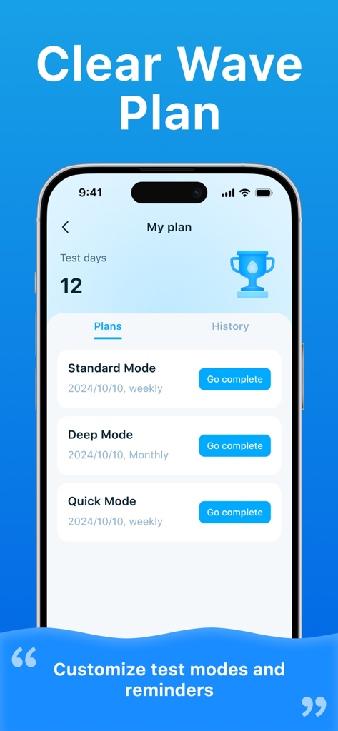 Mobile app screen showing various speaker test plans like Standard, Deep, and Quick modes with scheduled reminders