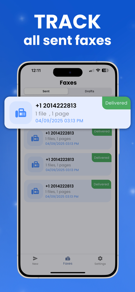 FaxFlow mobile app screen showing a history of sent faxes with delivered status