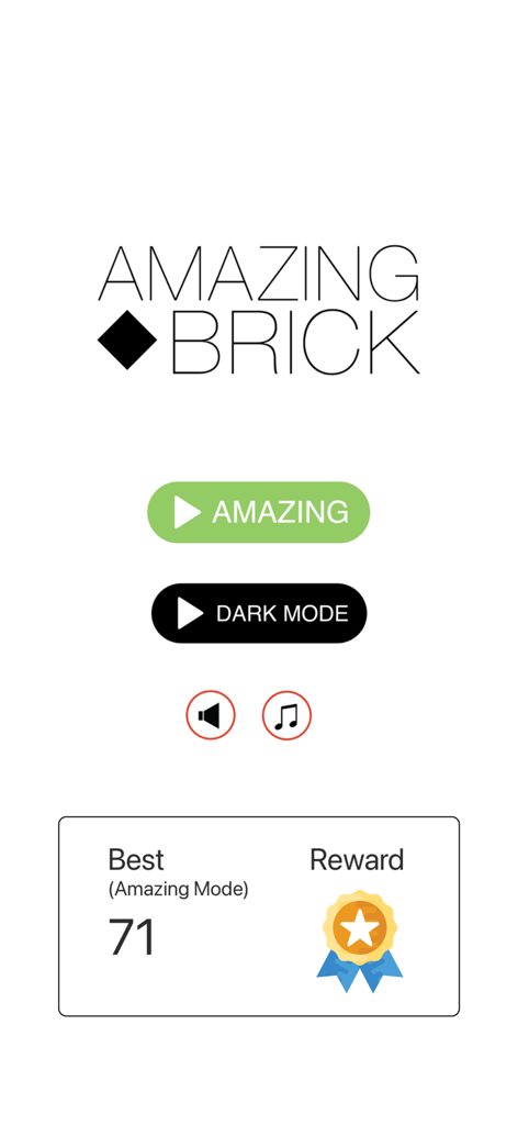 Main menu of Amazing Bricks arcade game showing play buttons and best score